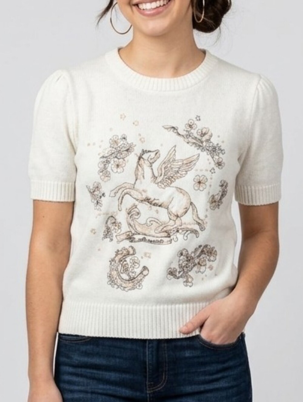 Cream Pegasus Embellished Short-Sleeve Crewneck Sweater